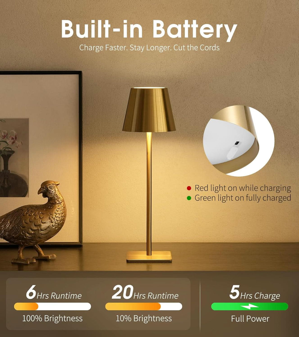 Cordless Table Lamp, Dimmable