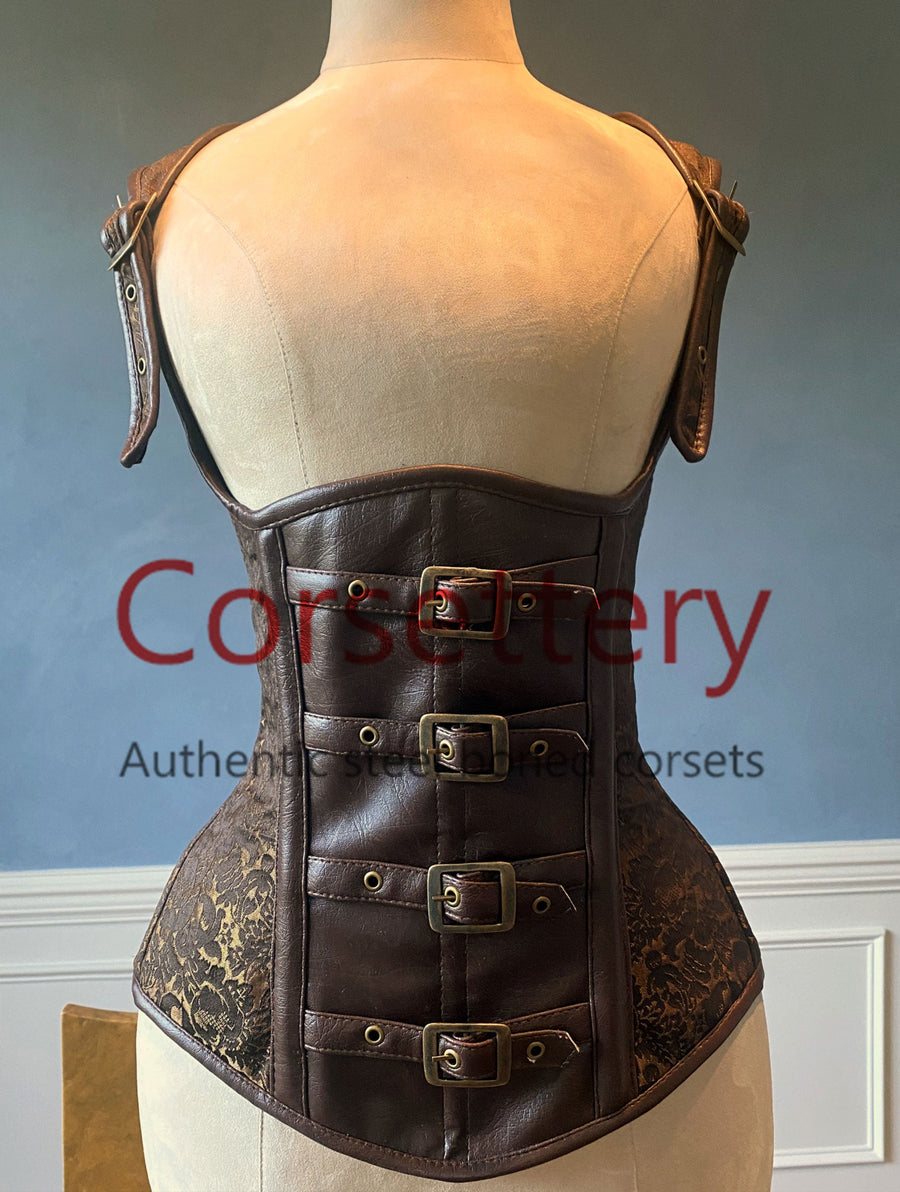 Real leather gothic corset vest with buckles, front view