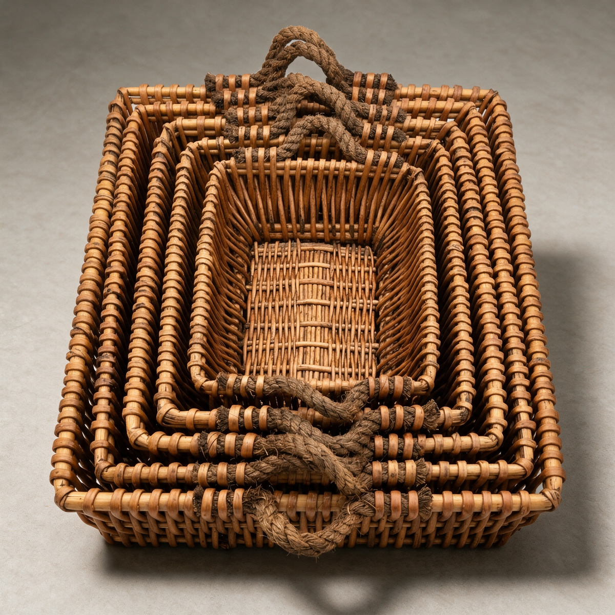 Nested willow baskets on a warm grey studio background