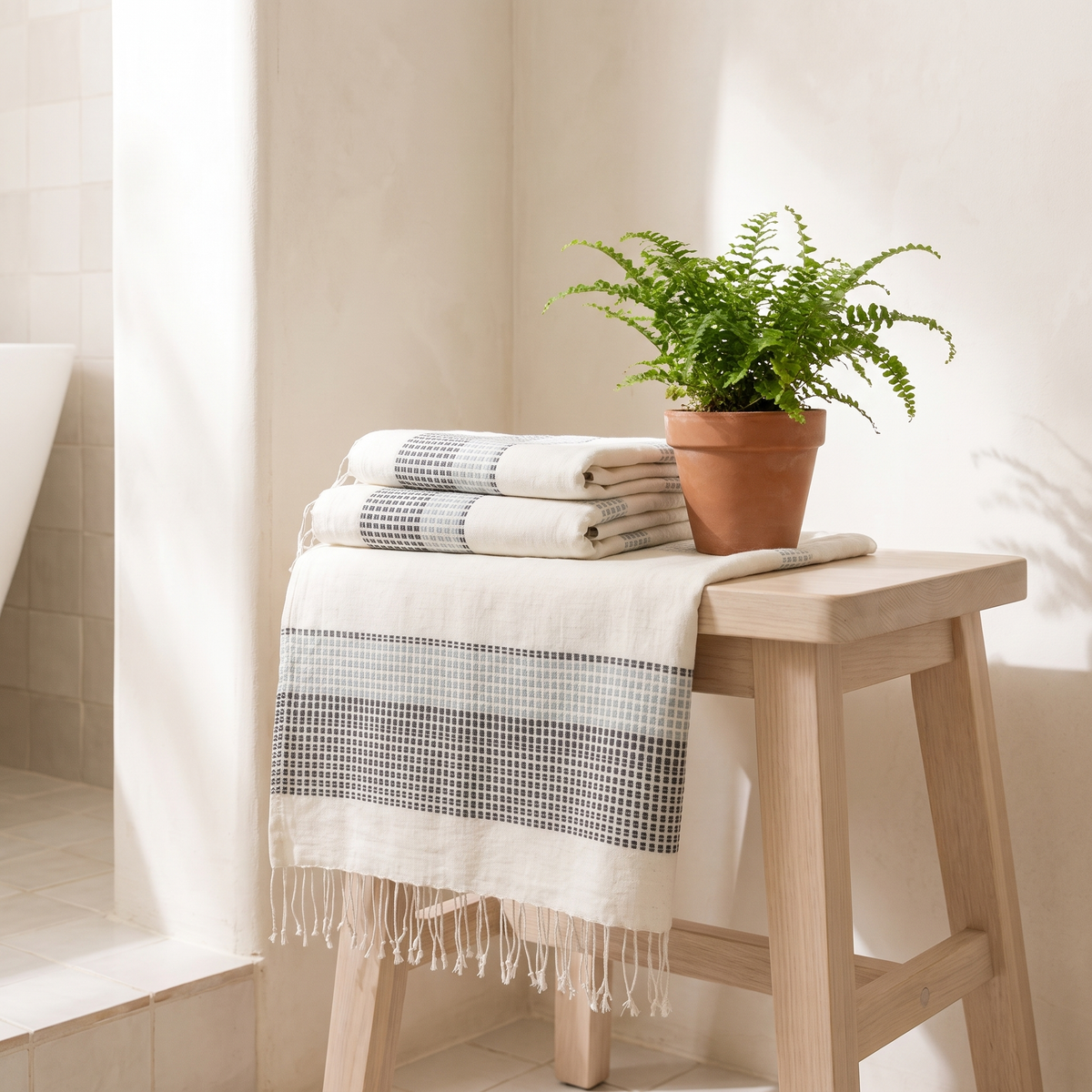 Camden Cotton Towels folded on a wooden stool in a bathroom