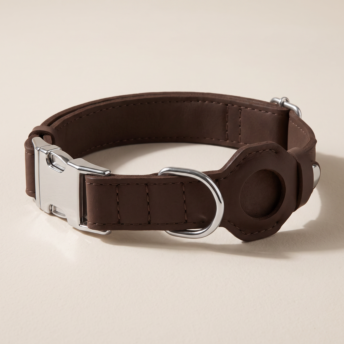 Leather Dog Collar with Tracker Pocket, Brown — chrome buckle and empty tracker pocket