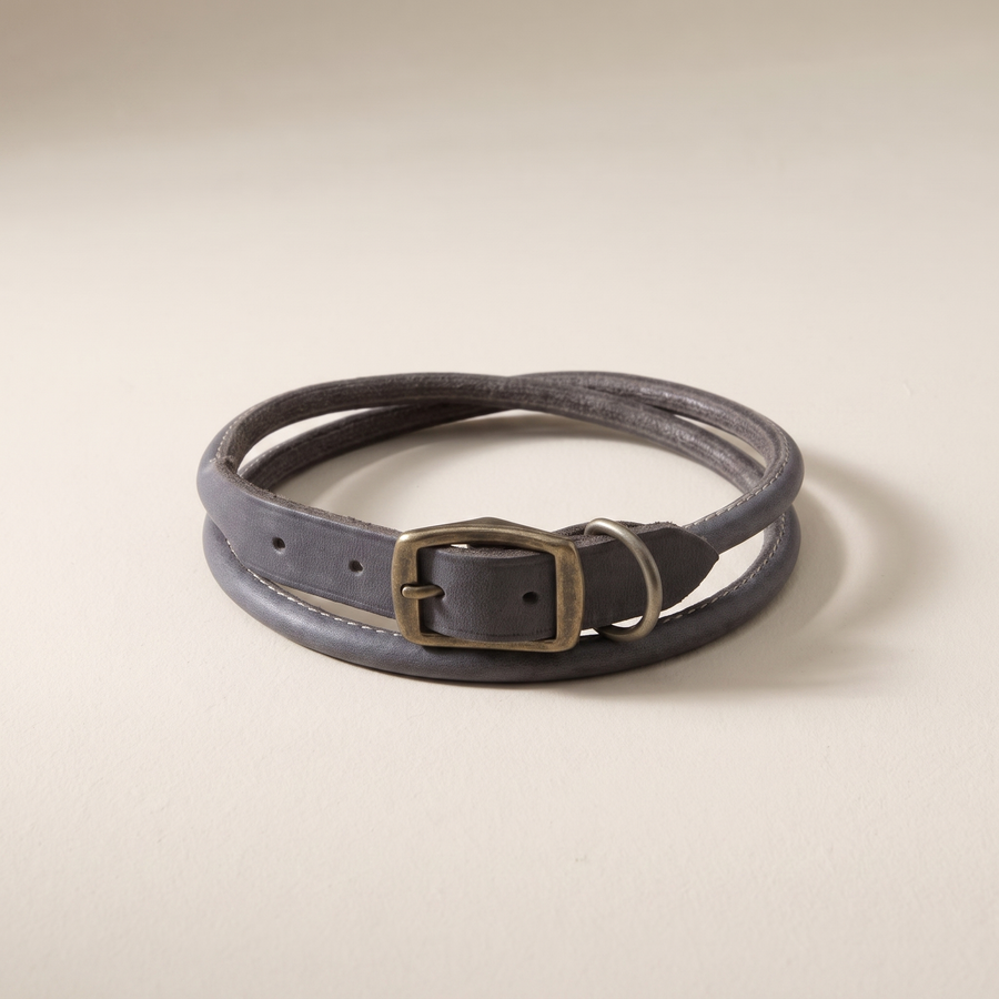 Rolled Leather Dog Collar, Slate Grey — antique brass roller buckle and D-ring