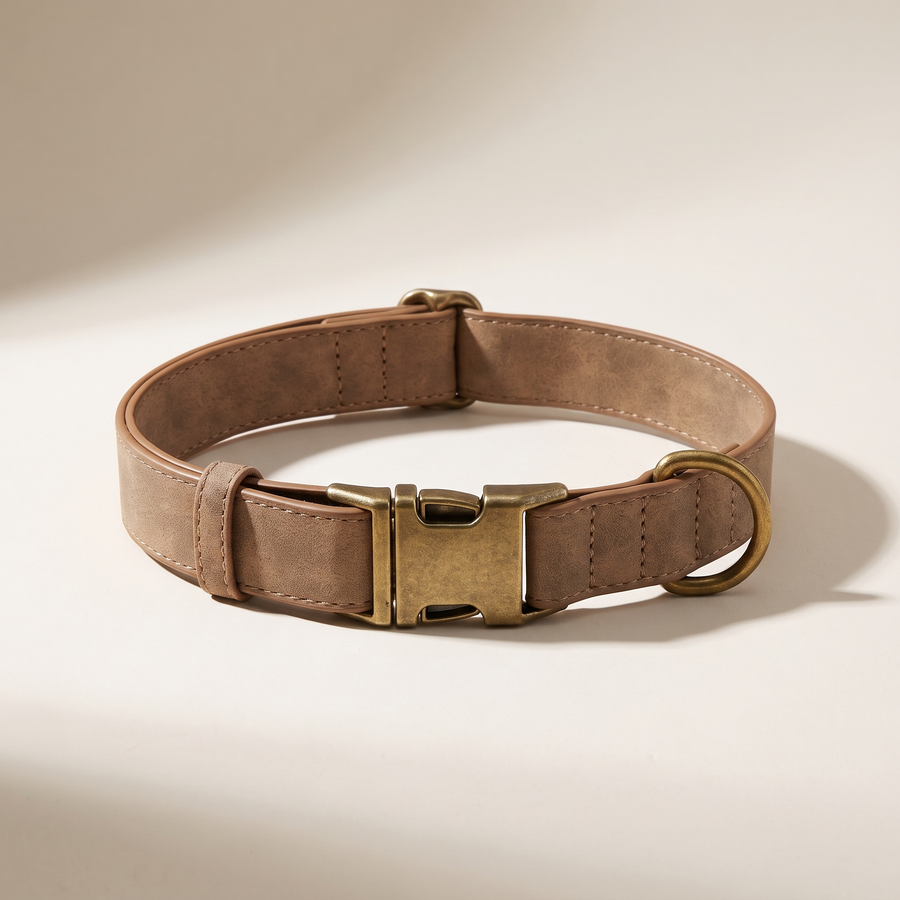 Everyday Dog Collar, Coffee — antique brass side-release buckle and D-ring