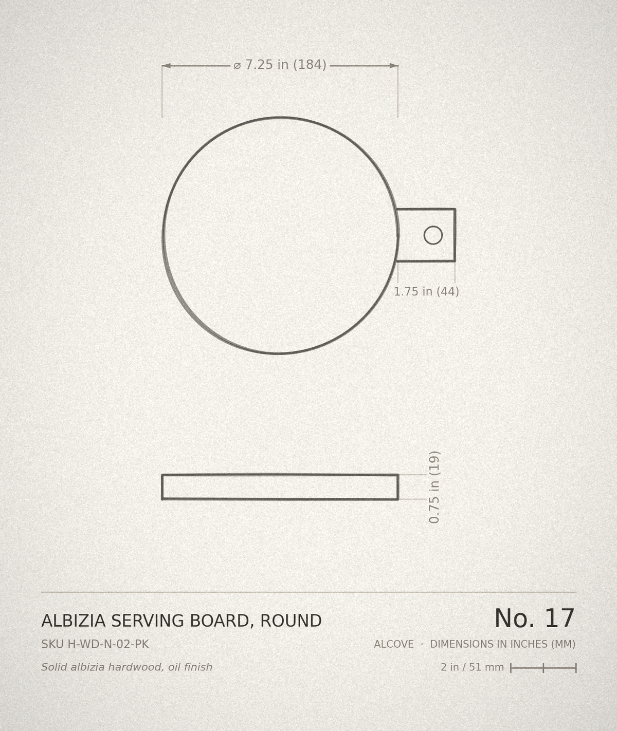 Albizia Serving Board, Round — technical drawing