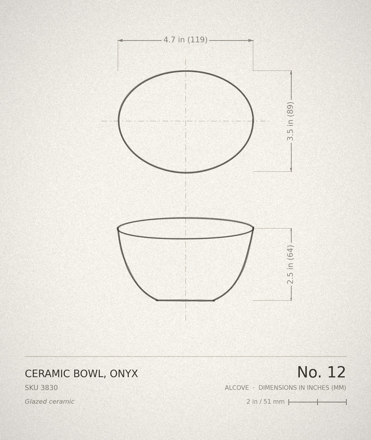 Technical drawing, ALCOVE No. 12 — Ceramic Bowl, Onyx, dimensioned in inches and millimetres