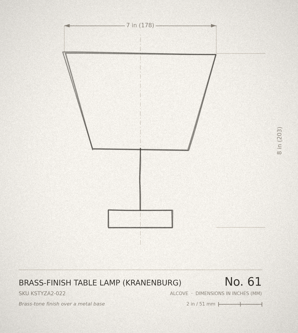 Technical drawing, ALCOVE No. 61 — Brass-Finish Table Lamp (Kranenburg), dimensioned in inches and millimetres