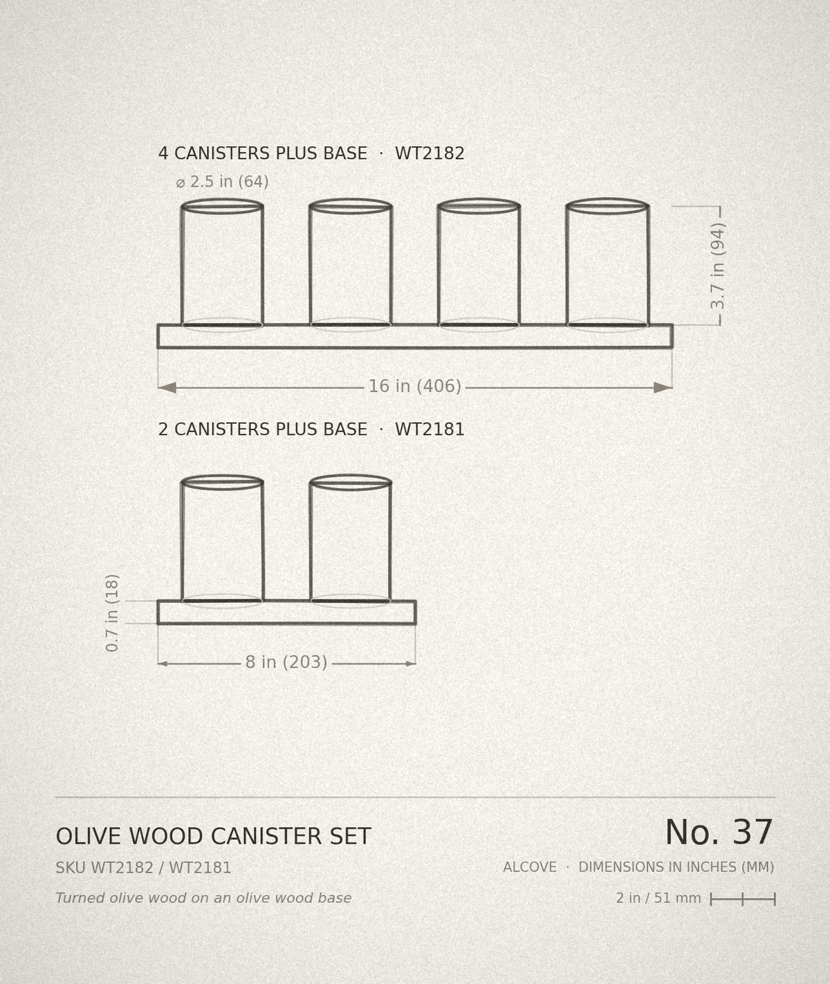 Technical drawing, ALCOVE No. 37 — Olive Wood Canister Set, both variants dimensioned in inches and millimetres