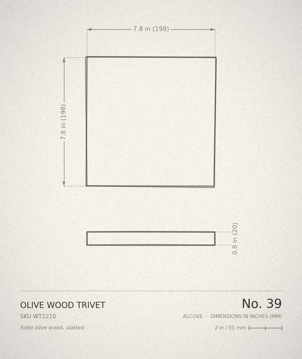Technical drawing, ALCOVE No. 39 — Olive Wood Trivet, dimensioned in inches and millimetres