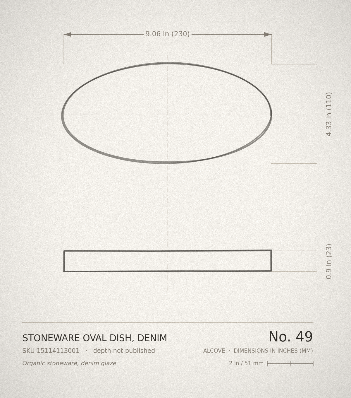 Technical drawing, ALCOVE No. 49 — Stoneware Oval Dish, Denim, dimensioned in inches and millimetres