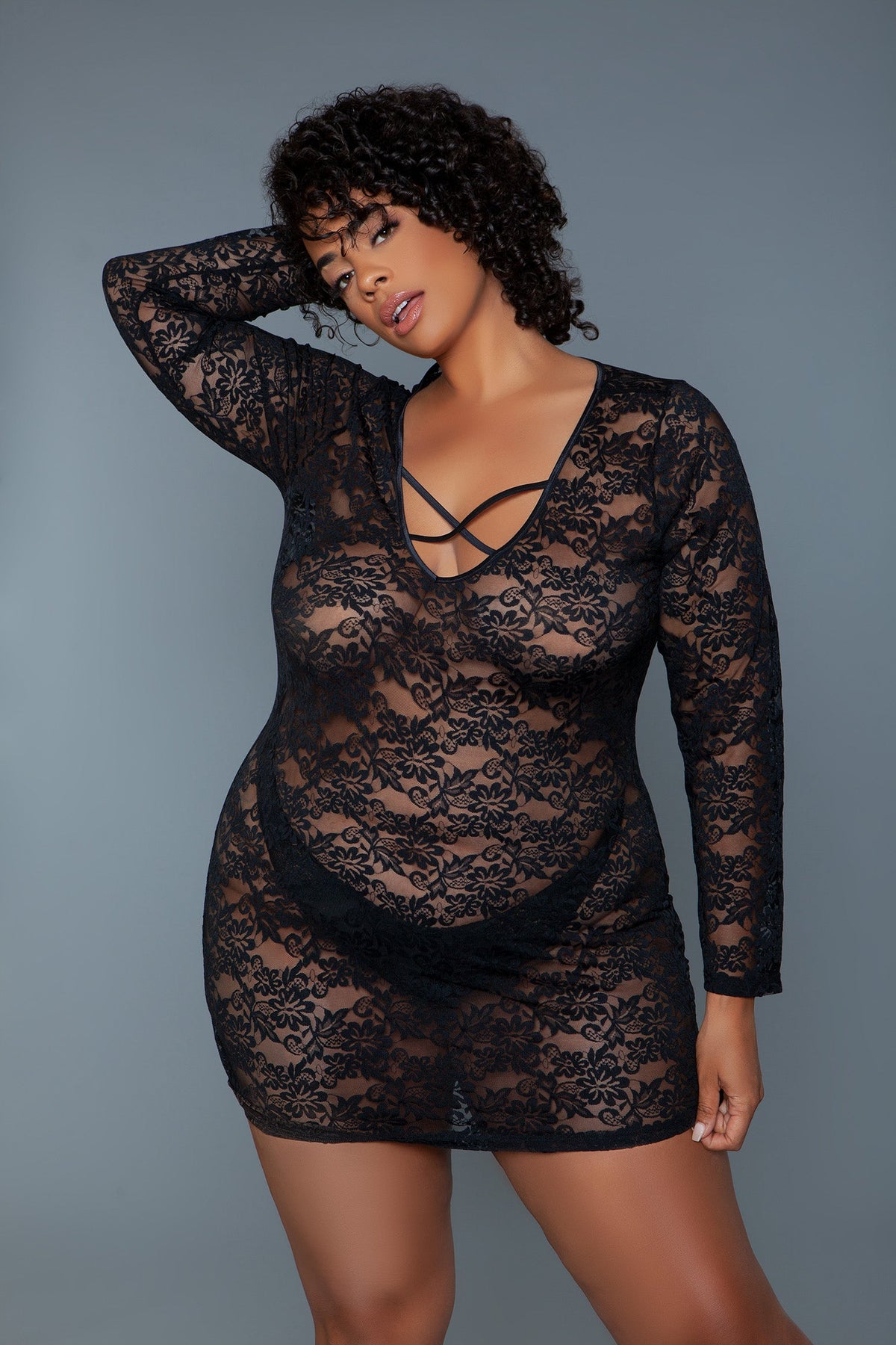 Lynn long-sleeve lace chemise in black, front view