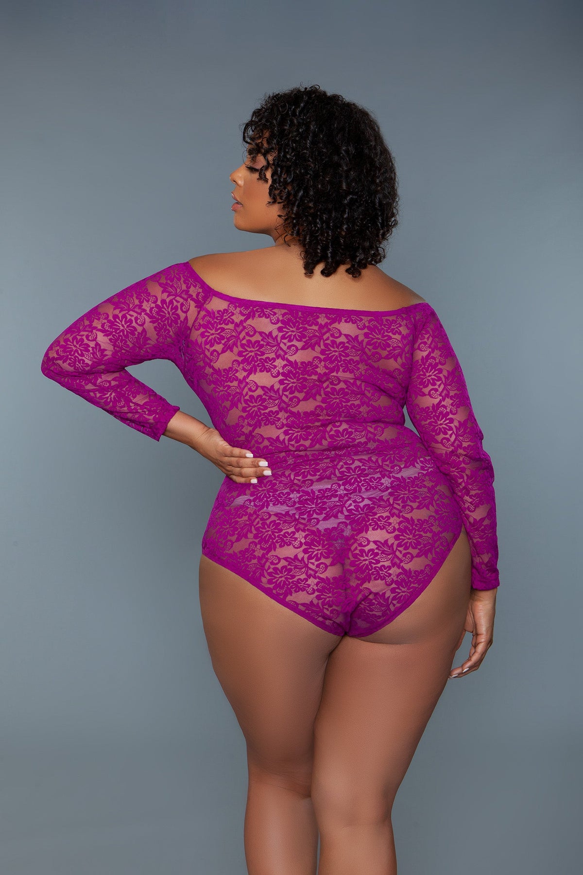Marina off-shoulder lace bodysuit, back view