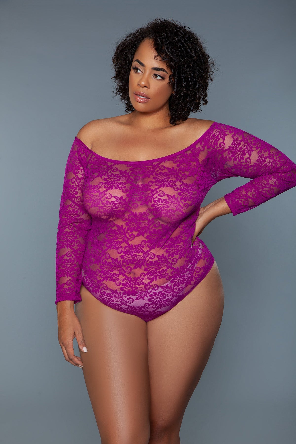Marina off-shoulder lace bodysuit, front view