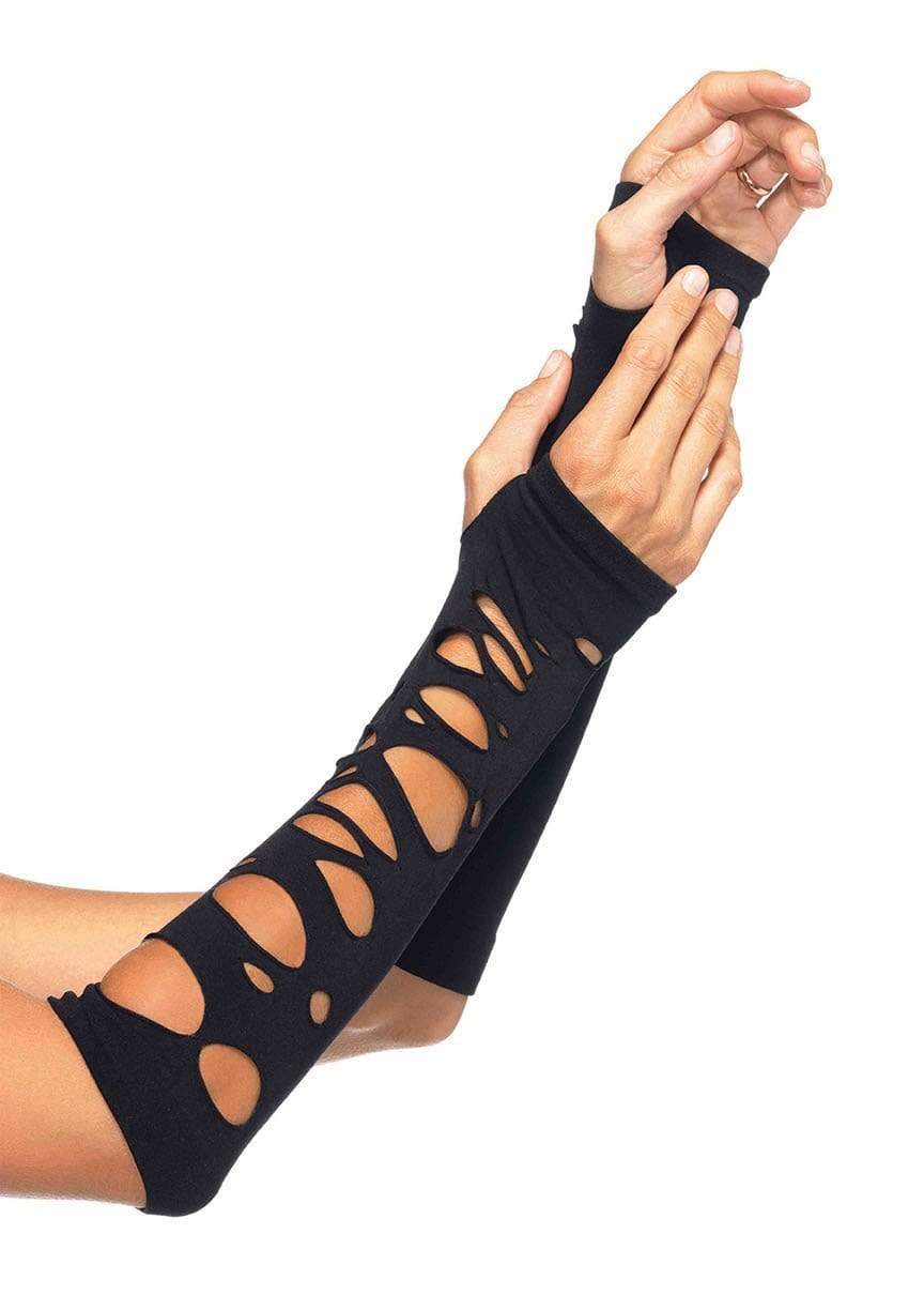 Distressed arm warmer gloves, further view