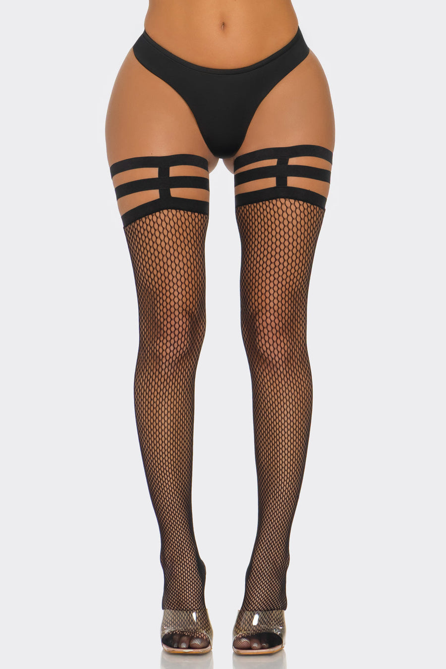 Strapped fishnet tights in black