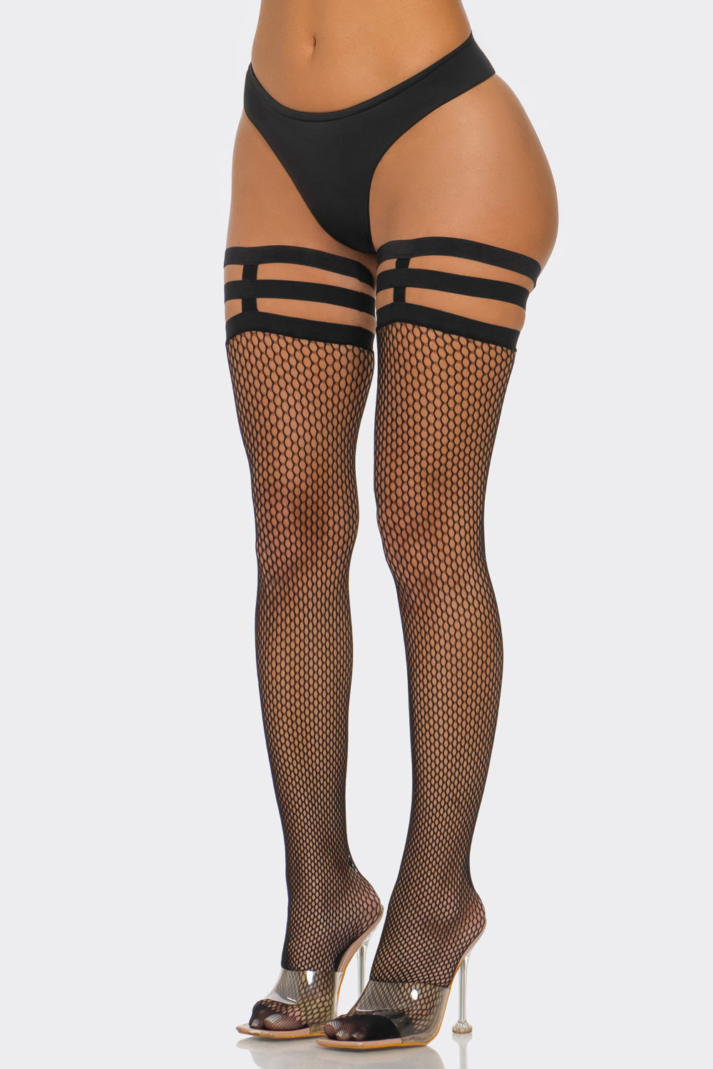 Strapped fishnet tights, further view