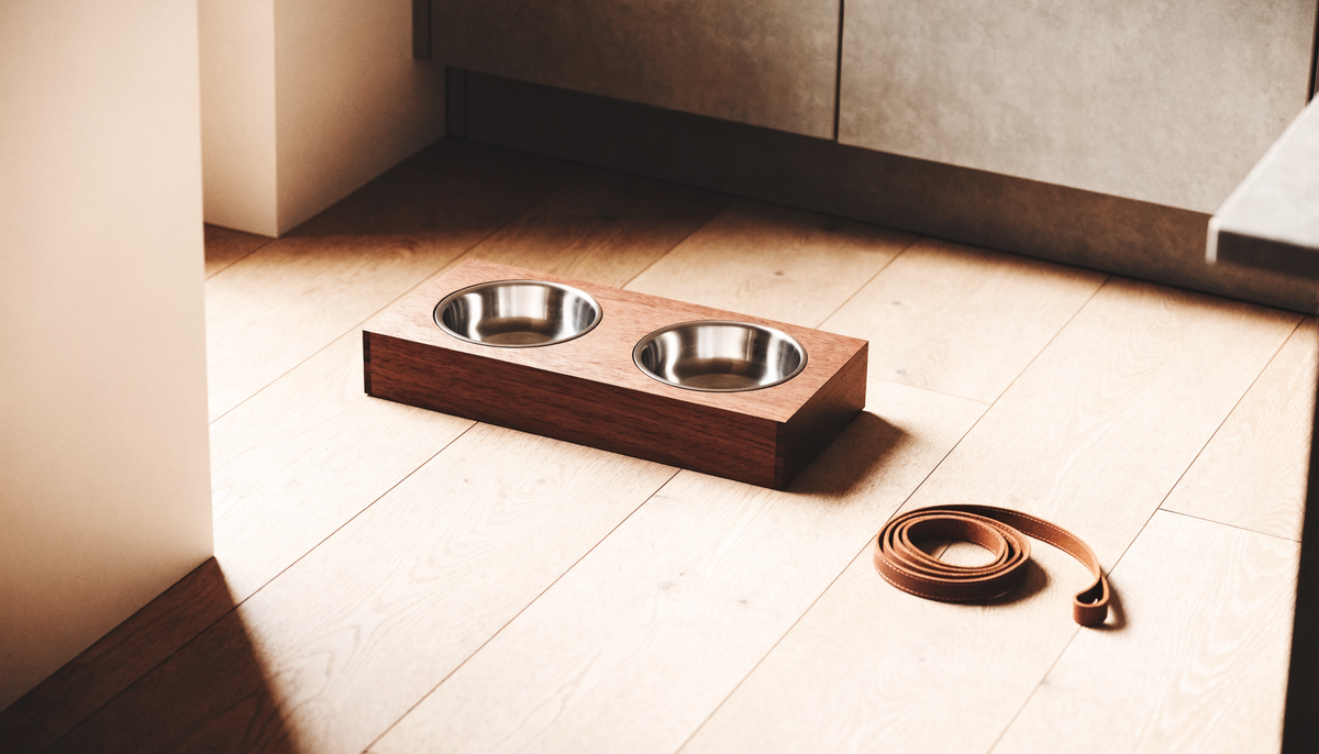 Wooden elevated dog feeder with stainless bowls and a leather leash in a calm sunlit kitchen