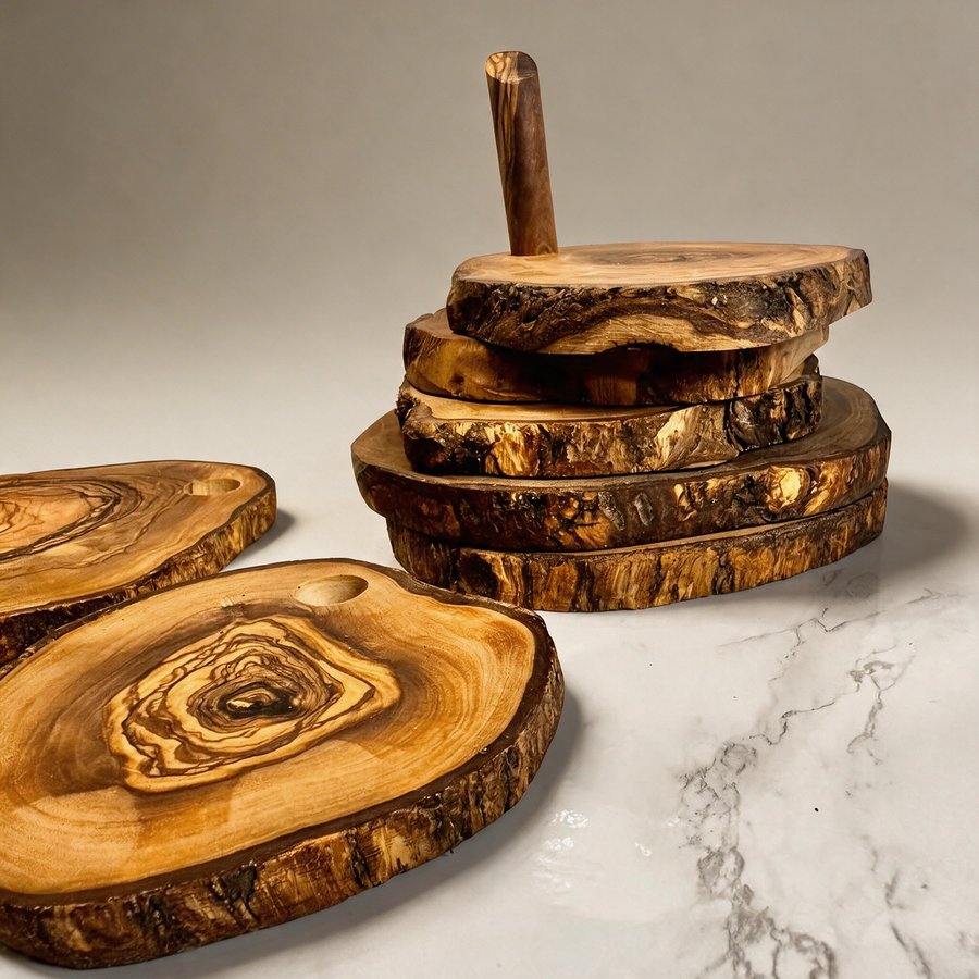 Olive wood coaster set on a warm grey studio background