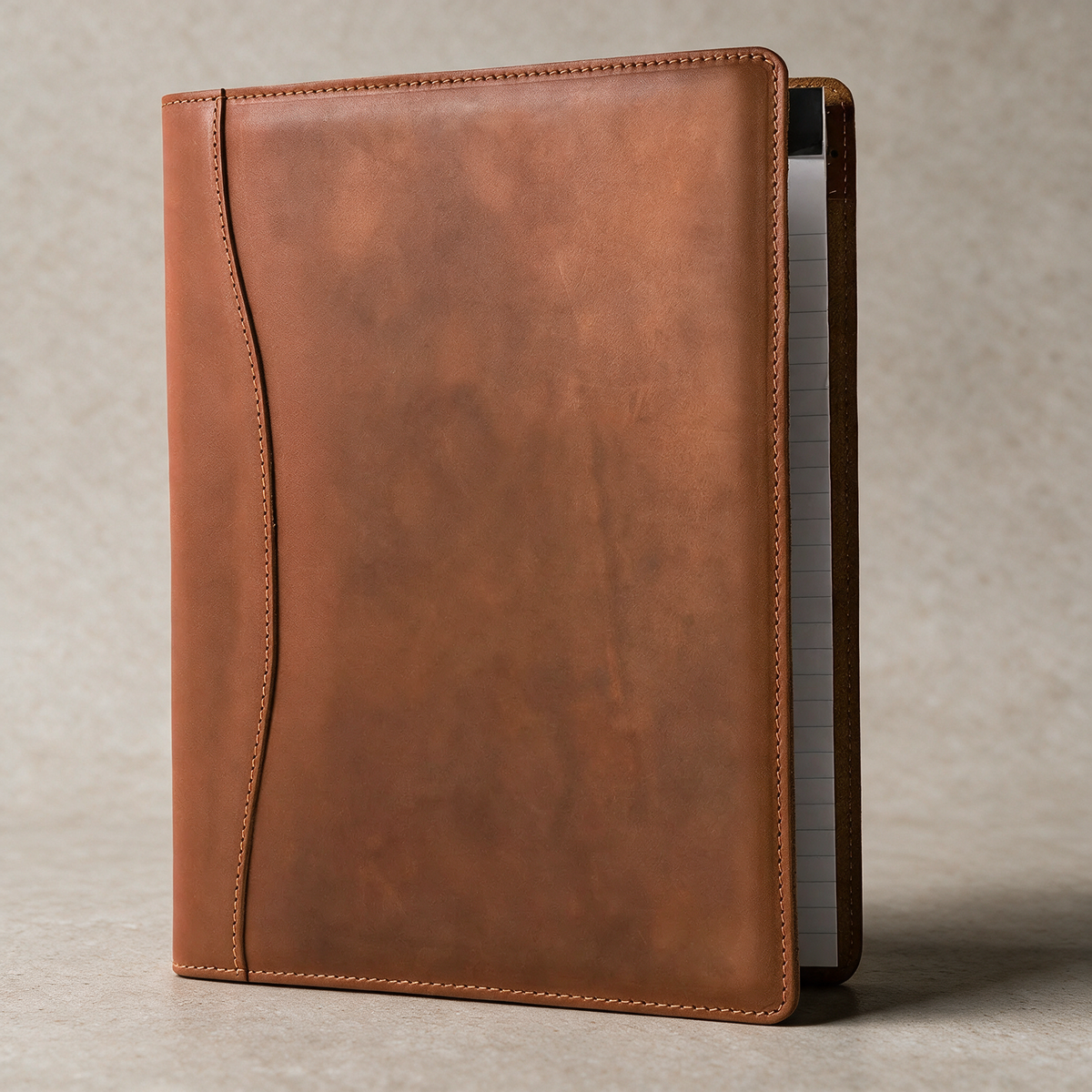 Leather padfolio on a warm grey studio background