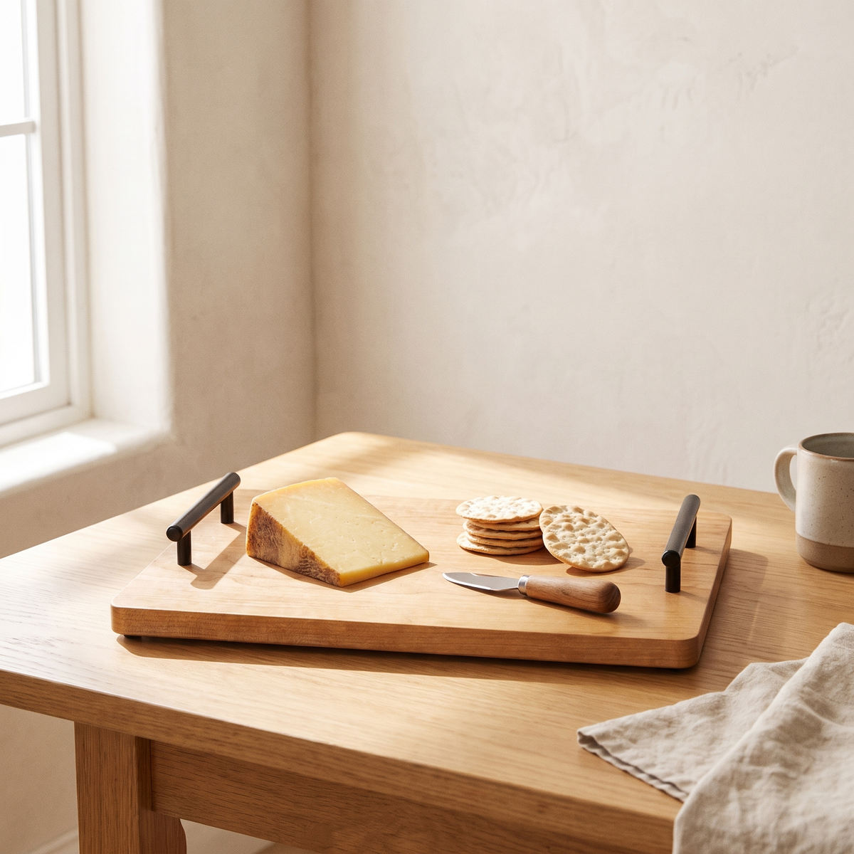 Oak or Cherry Serving Board on a table with cheese and crackers