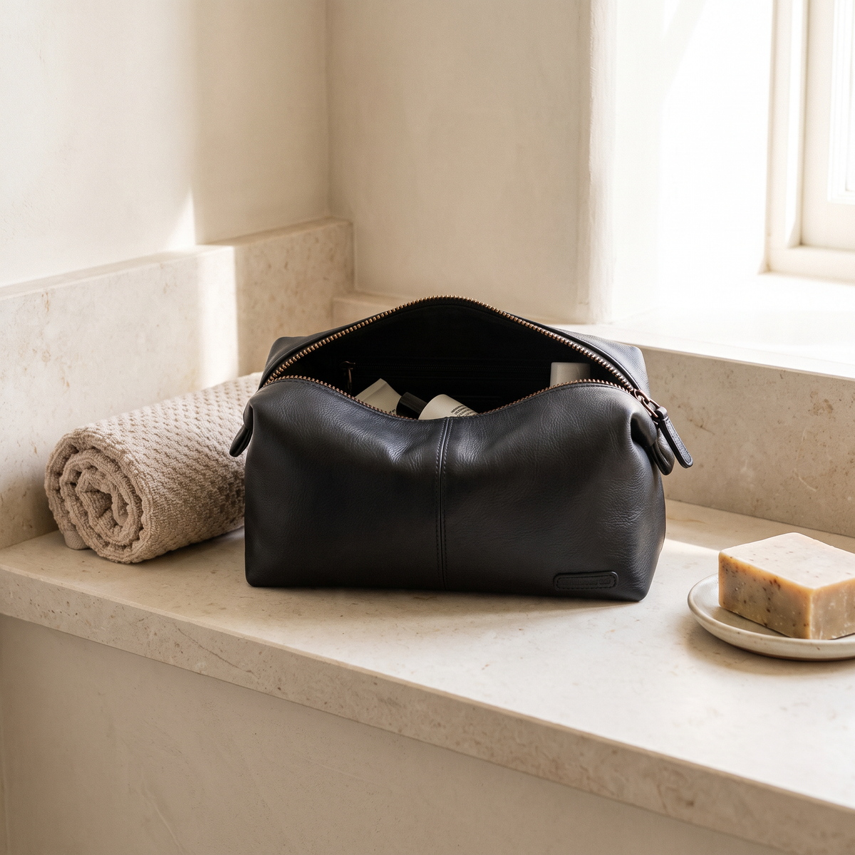 Leather Dopp Kit on a stone bathroom ledge, morning light