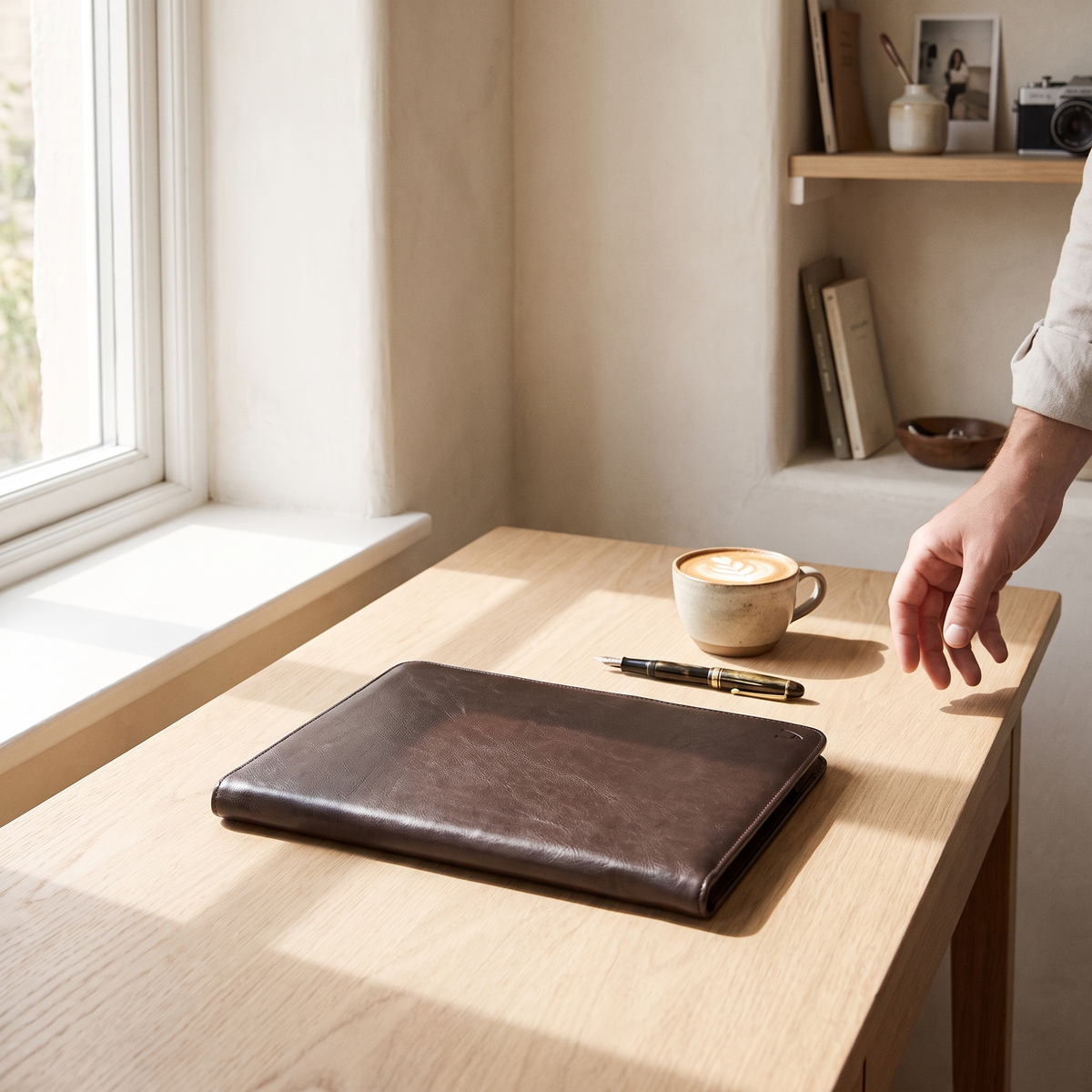 Leather Portfolio on an oak desk with coffee and a pen