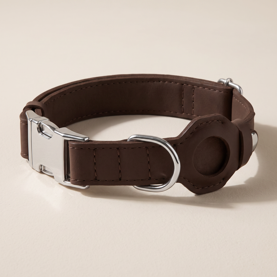 Leather Dog Collar with Tracker Pocket, Brown — chrome buckle and empty tracker pocket