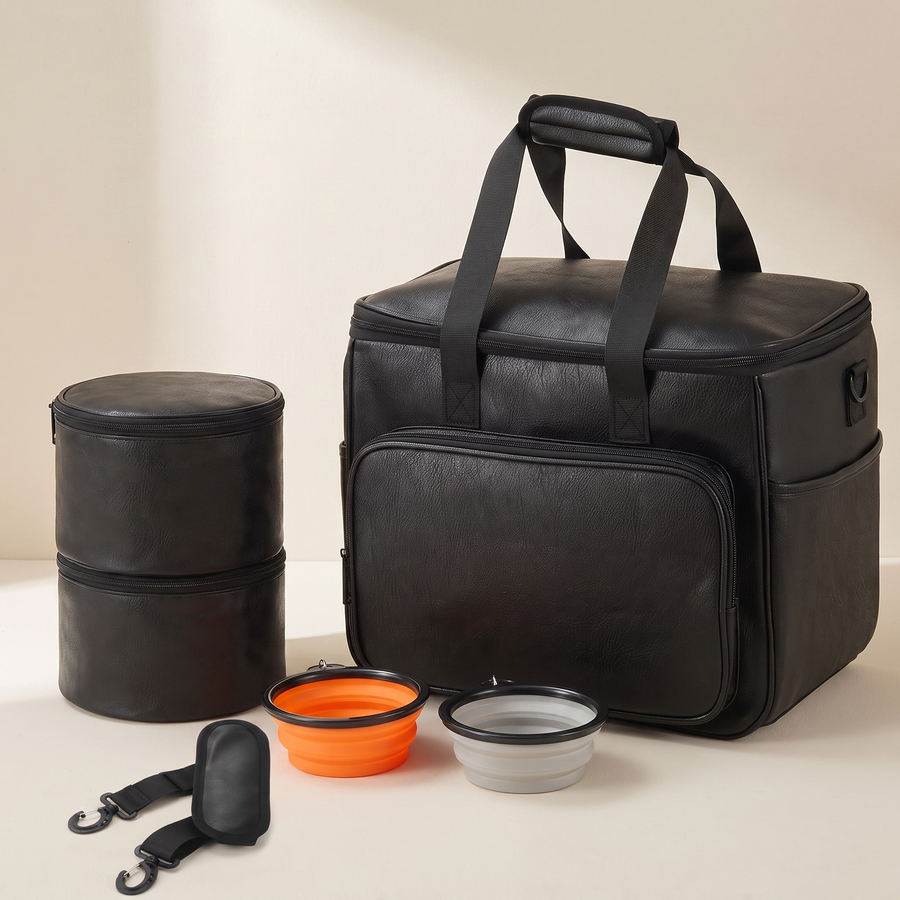Pet Travel Bag Set — tote, food container, two collapsible bowls, pouch and strap