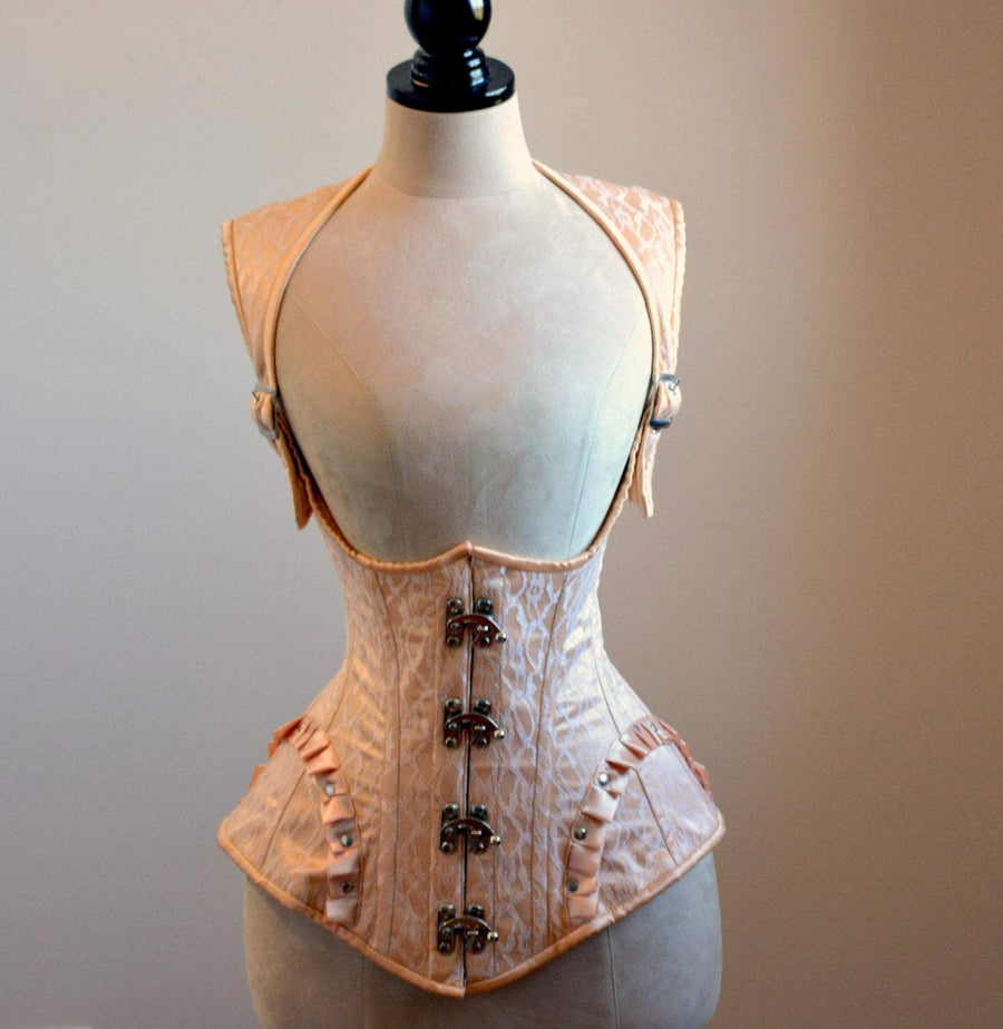 The steampunk corset vest of the set, front view showing the collar and busk clasps
