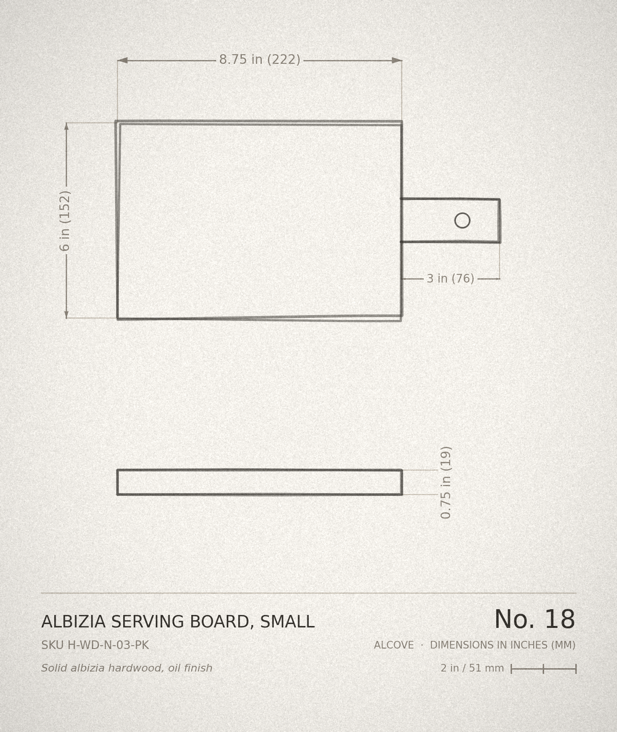 Technical drawing, ALCOVE No. 18 — Albizia Serving Board, Small, dimensioned in inches and millimetres
