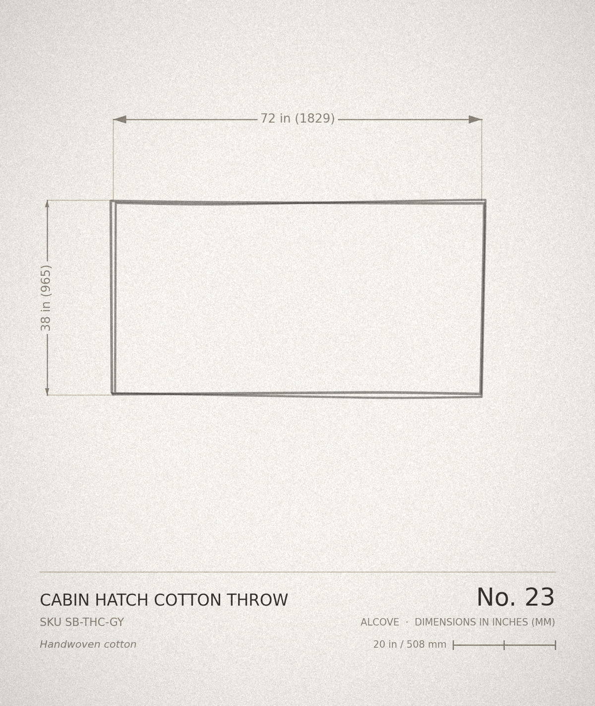 Technical drawing, ALCOVE No. 23 — Cabin Hatch Cotton Throw, dimensioned in inches and millimetres