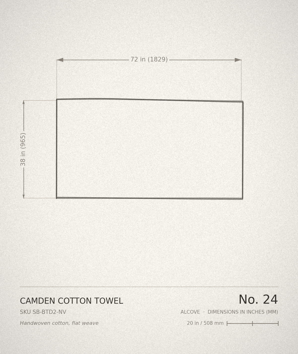 Technical drawing, ALCOVE No. 24 — Camden Cotton Towel, dimensioned in inches and millimetres