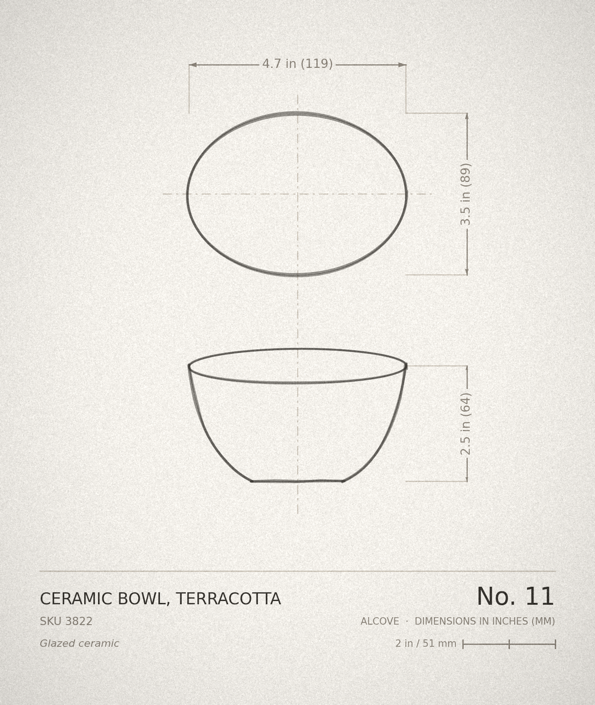 Ceramic Bowl, Terracotta — technical drawing