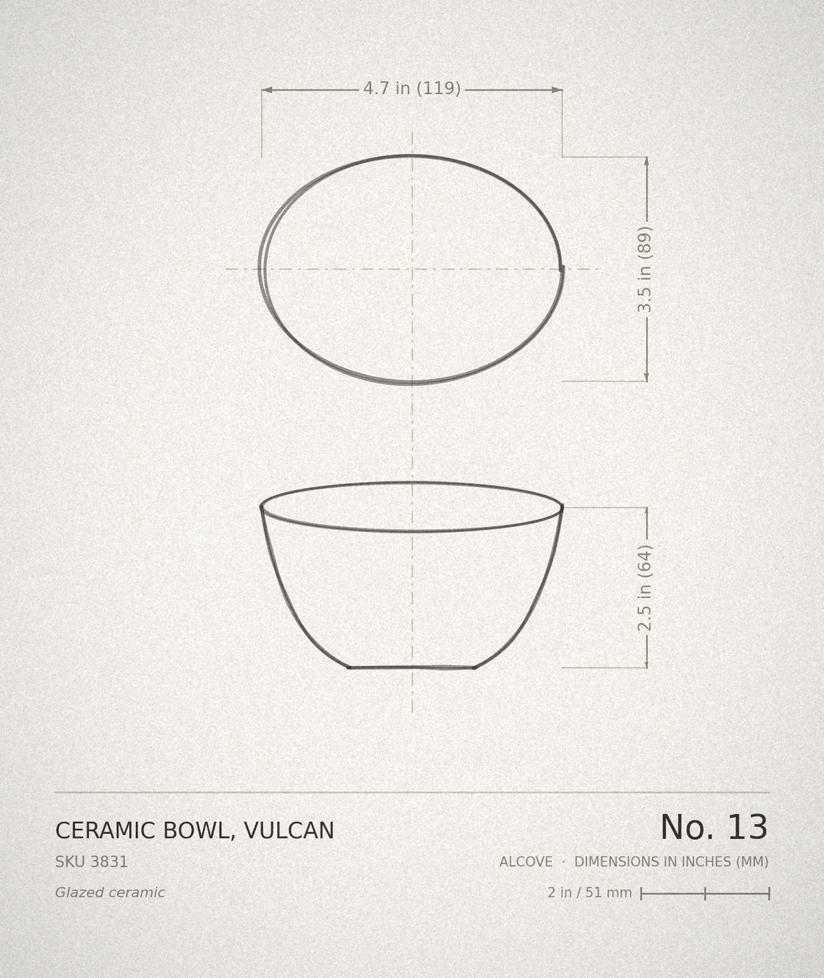 Technical drawing, ALCOVE No. 13 — Ceramic Bowl, Vulcan, dimensioned in inches and millimetres
