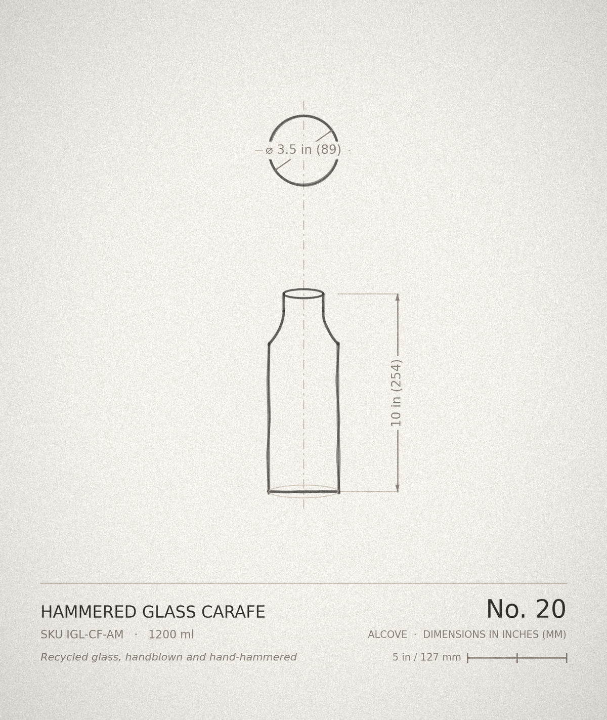 Technical drawing, ALCOVE No. 20 — Hammered Glass Carafe, dimensioned in inches and millimetres