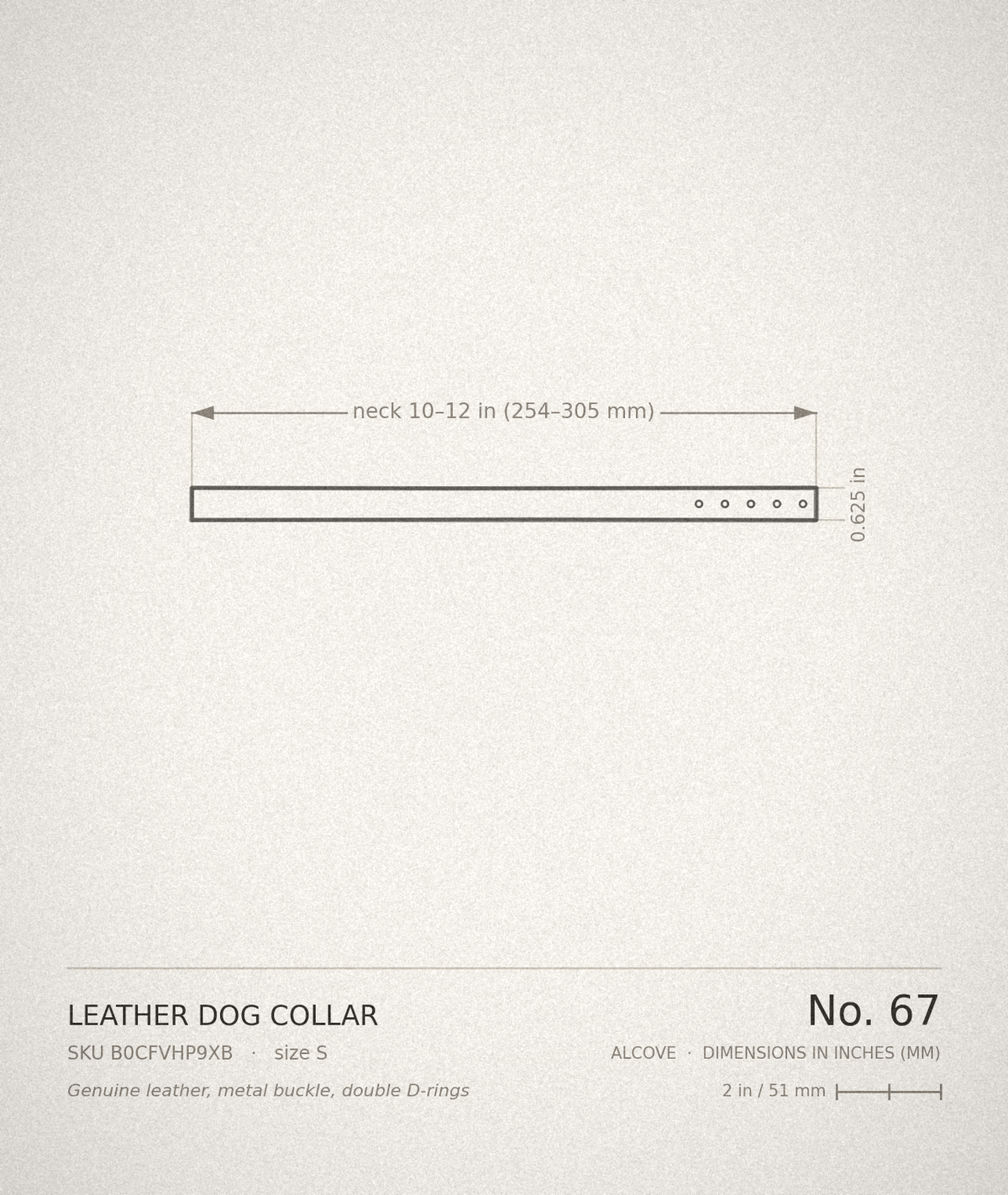 Technical drawing, ALCOVE No. 67 — Leather Dog Collar size S, neck range dimensioned in inches and millimetres