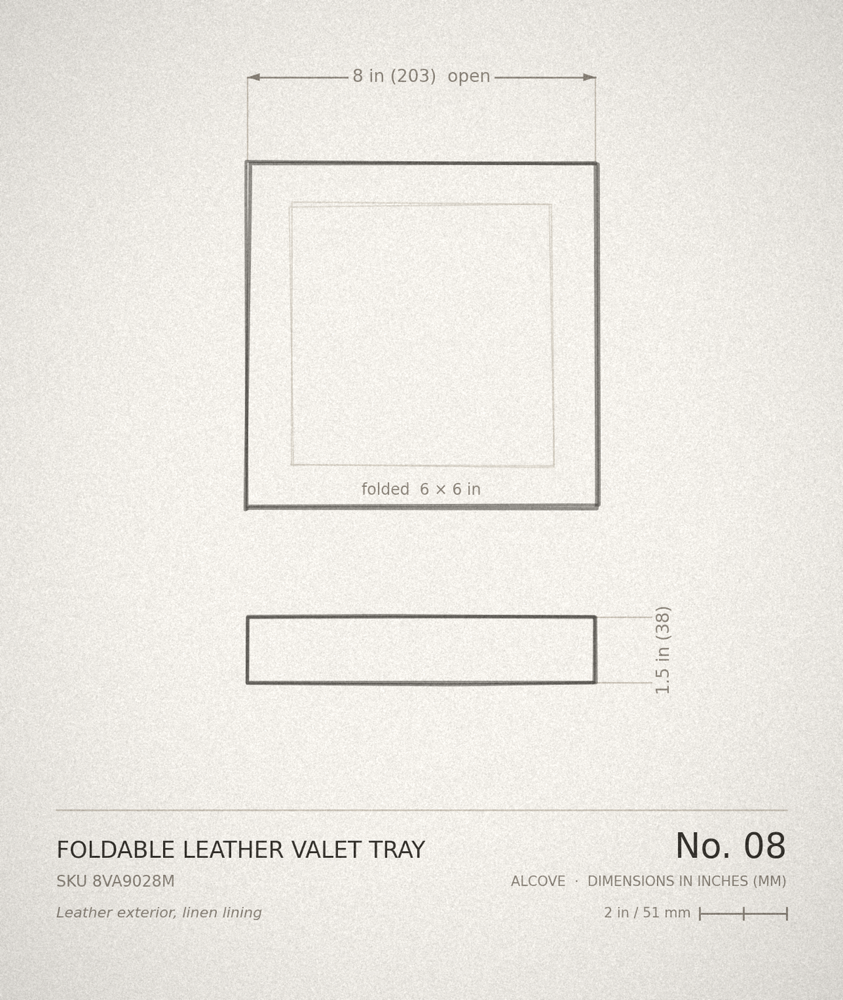 Technical drawing, ALCOVE No. 08 — Foldable Leather Valet Tray, open and folded, dimensioned in inches and millimetres