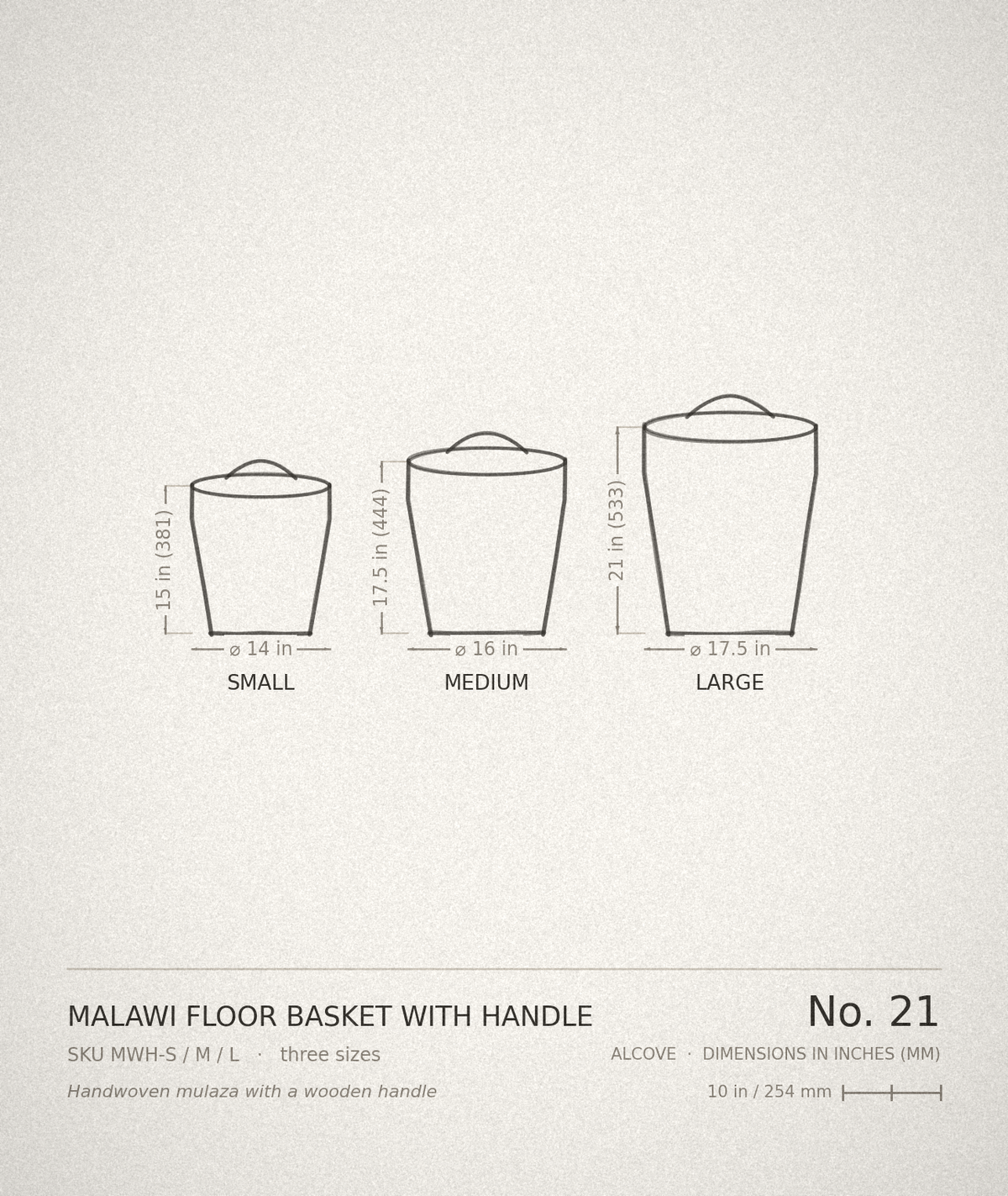 Technical drawing, ALCOVE No. 21 — Malawi Floor Basket with Handle, all three sizes dimensioned in inches and millimetres