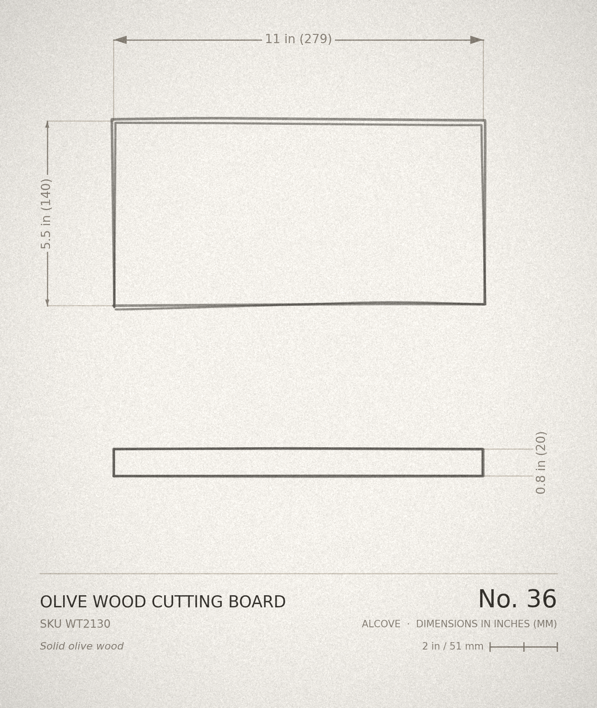 Olive Wood Cutting Board — technical drawing