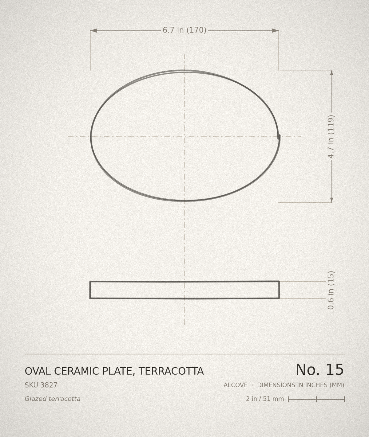 Oval Ceramic Plate, Terracotta — technical drawing