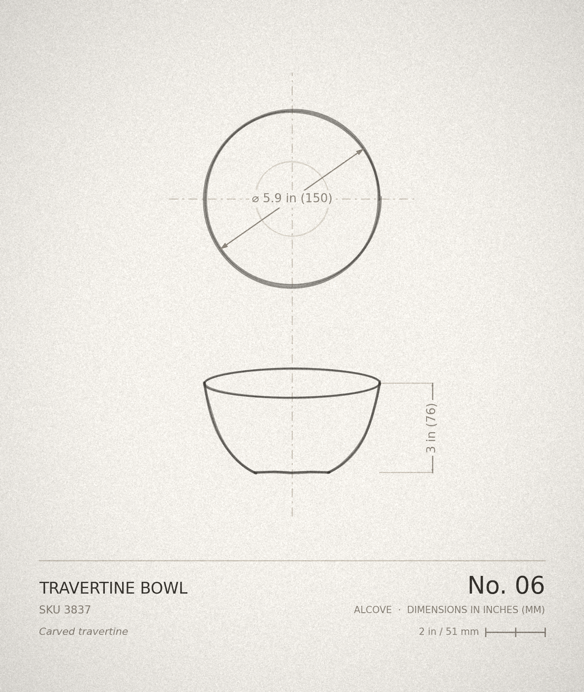 Technical drawing, ALCOVE No. 06 — Travertine Bowl, dimensioned in inches and millimetres